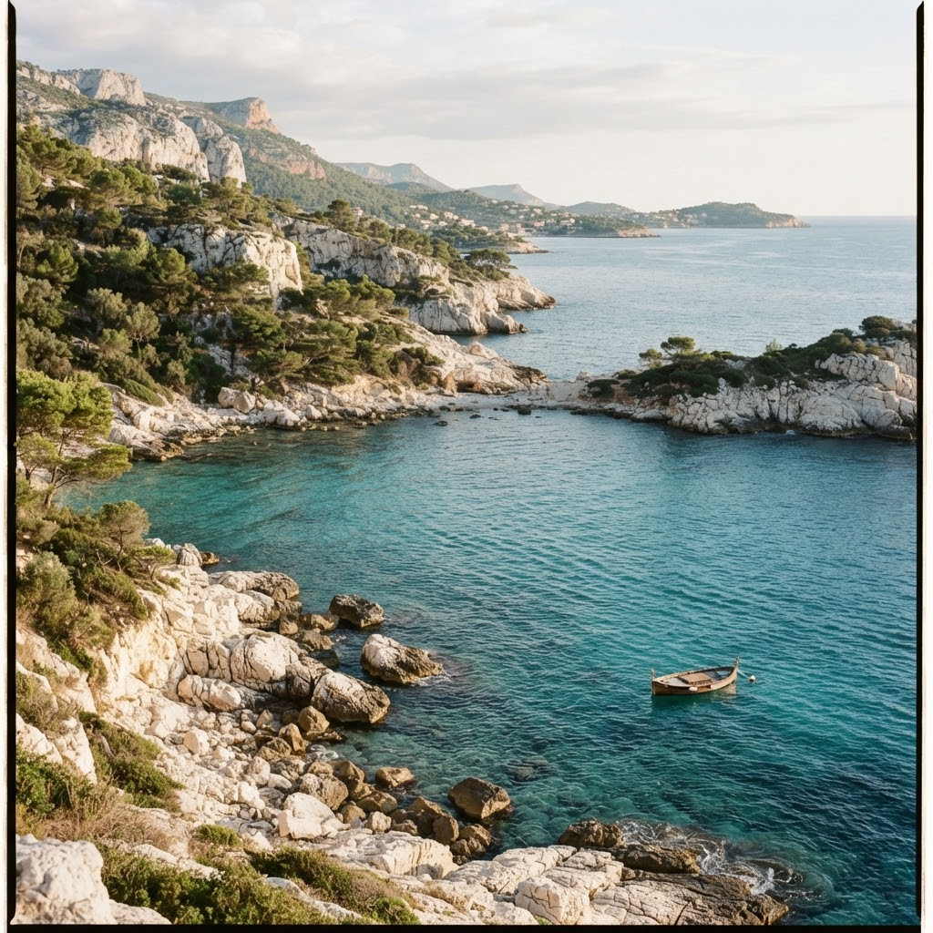 The Cote d'Azur coastline, turquoise water against white rock.