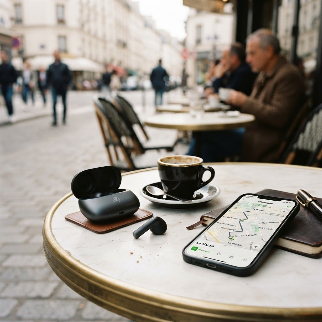 A half-finished espresso on a marble table at a Paris bistro.