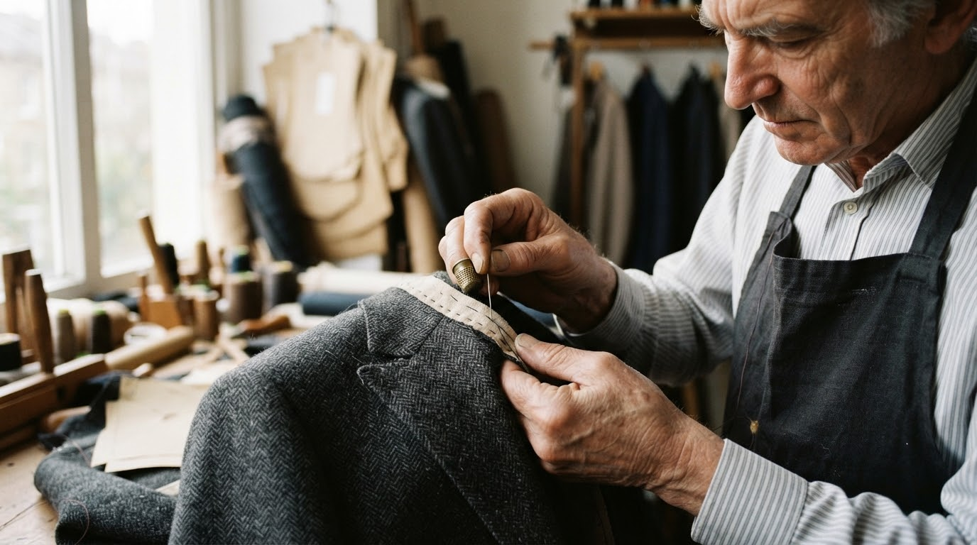 A master tailor at work, close on the cloth and the needle.