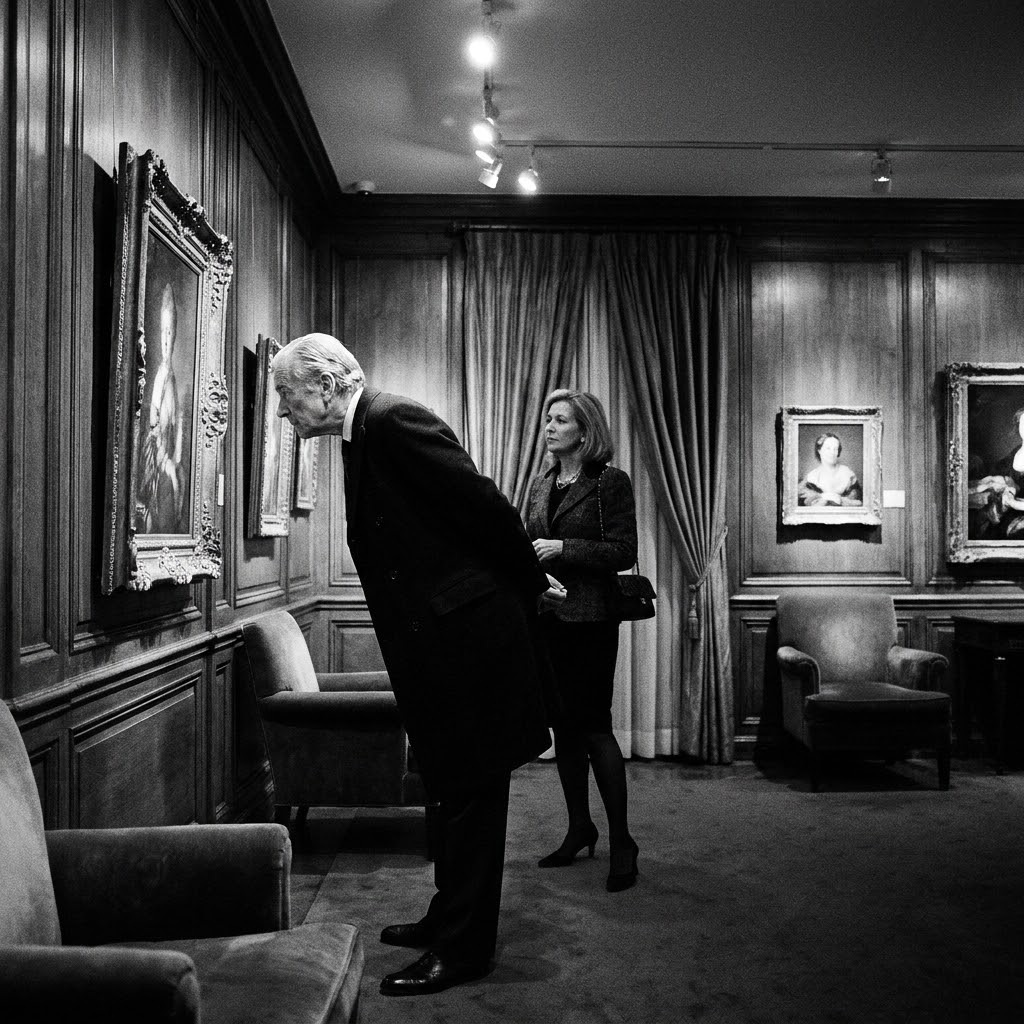 Someone looking closely at a painting in a quiet gallery.