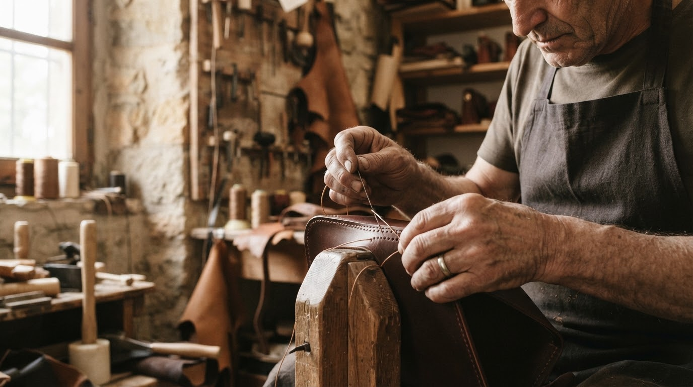 An artisan stitching leather by hand in a sunlit workshop.