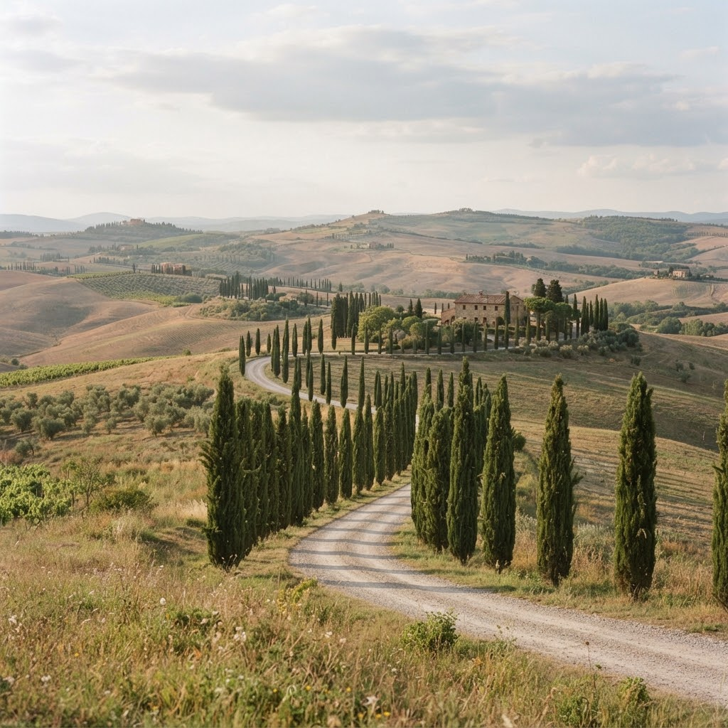 Rolling Tuscan hills lined with cypress trees in soft afternoon light.