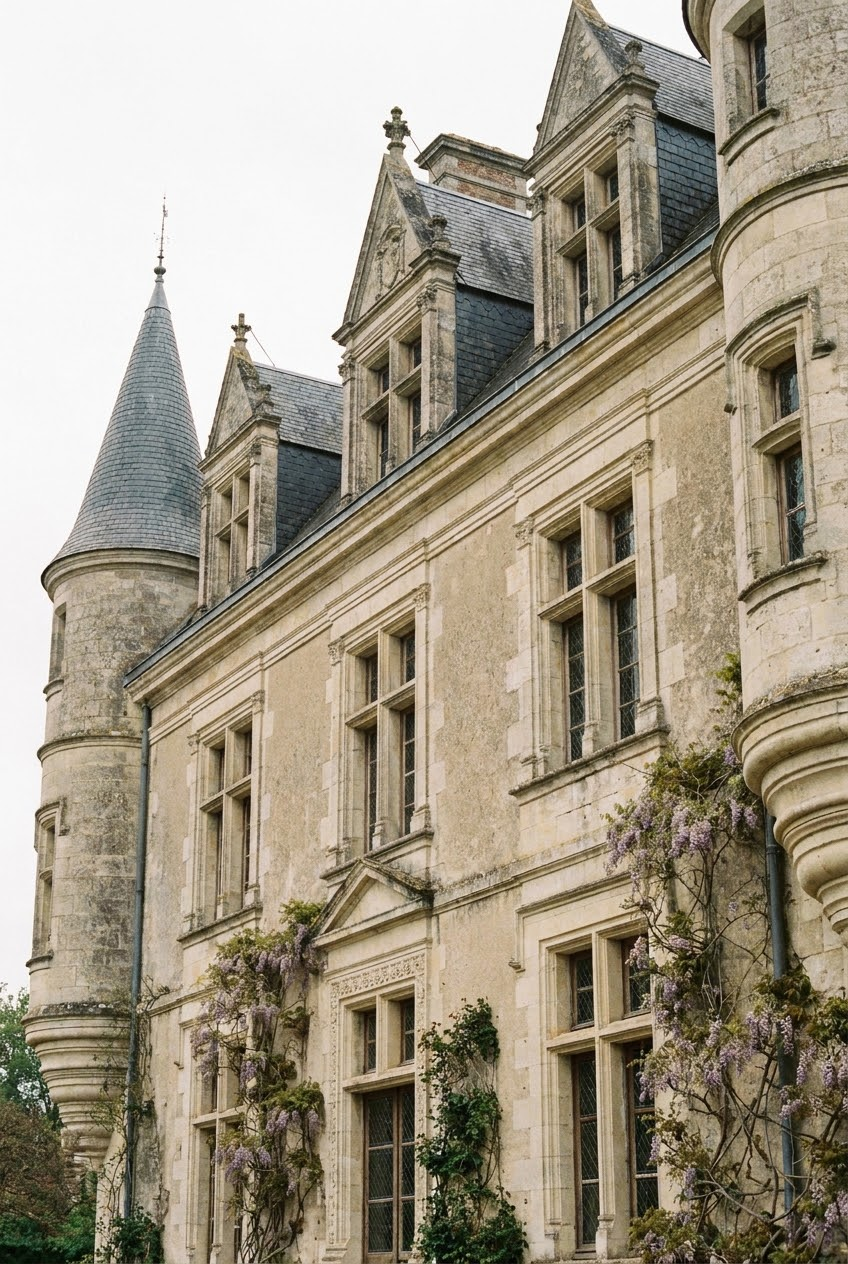 The stone facade of a restored French chateau, seen from below.