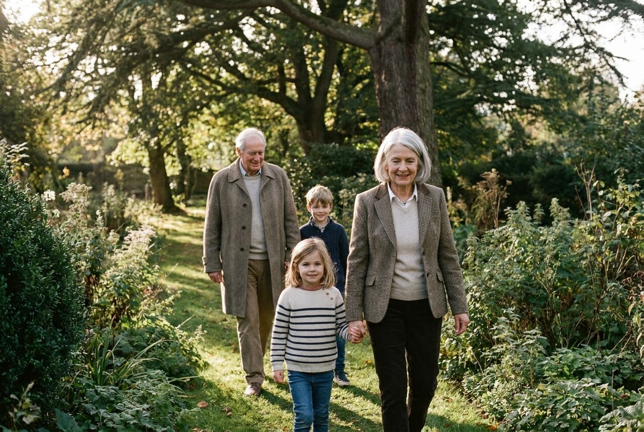 Three generations walking through a sunlit estate garden.