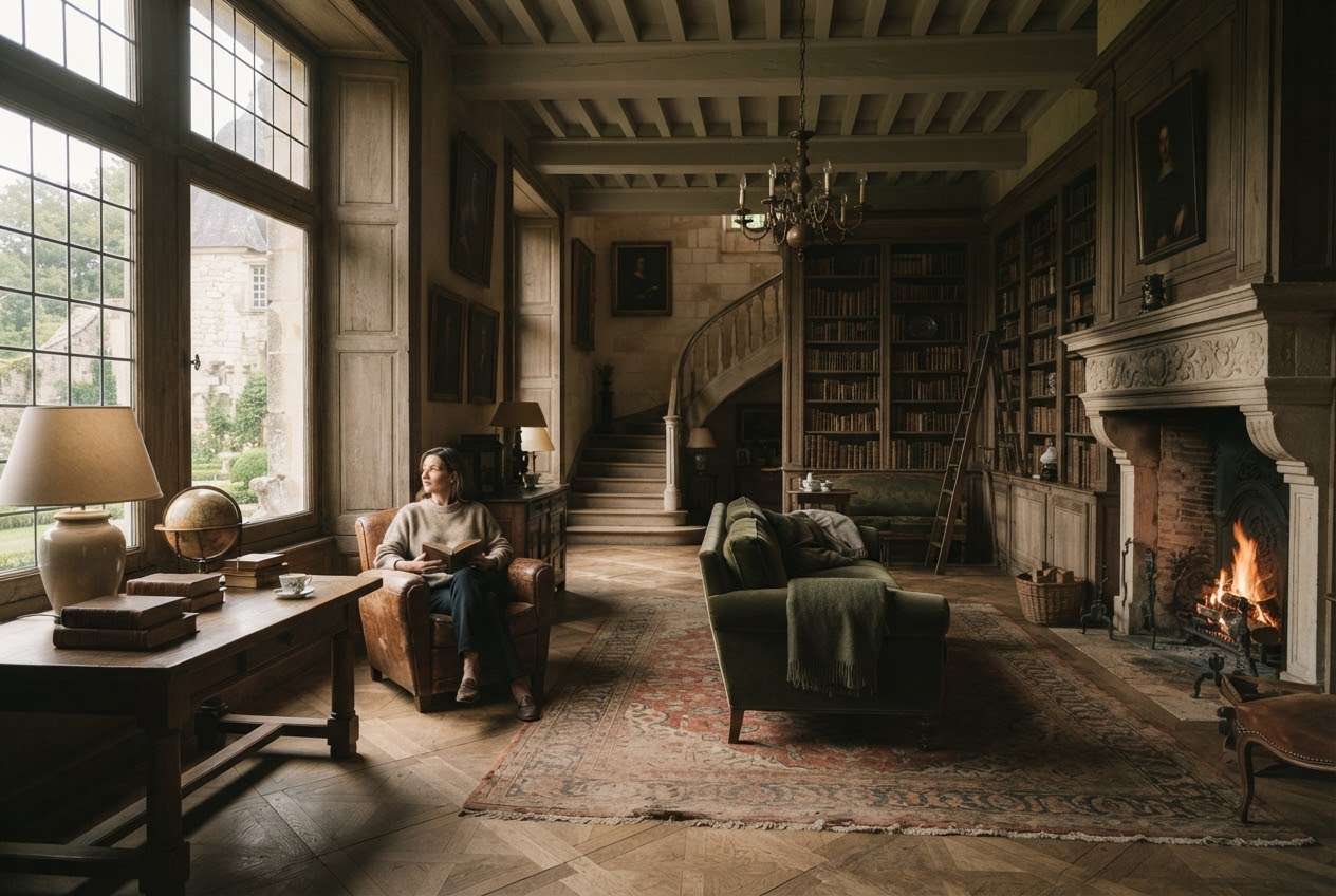 The interior of a historic European manor, sunlight entering through tall windows.