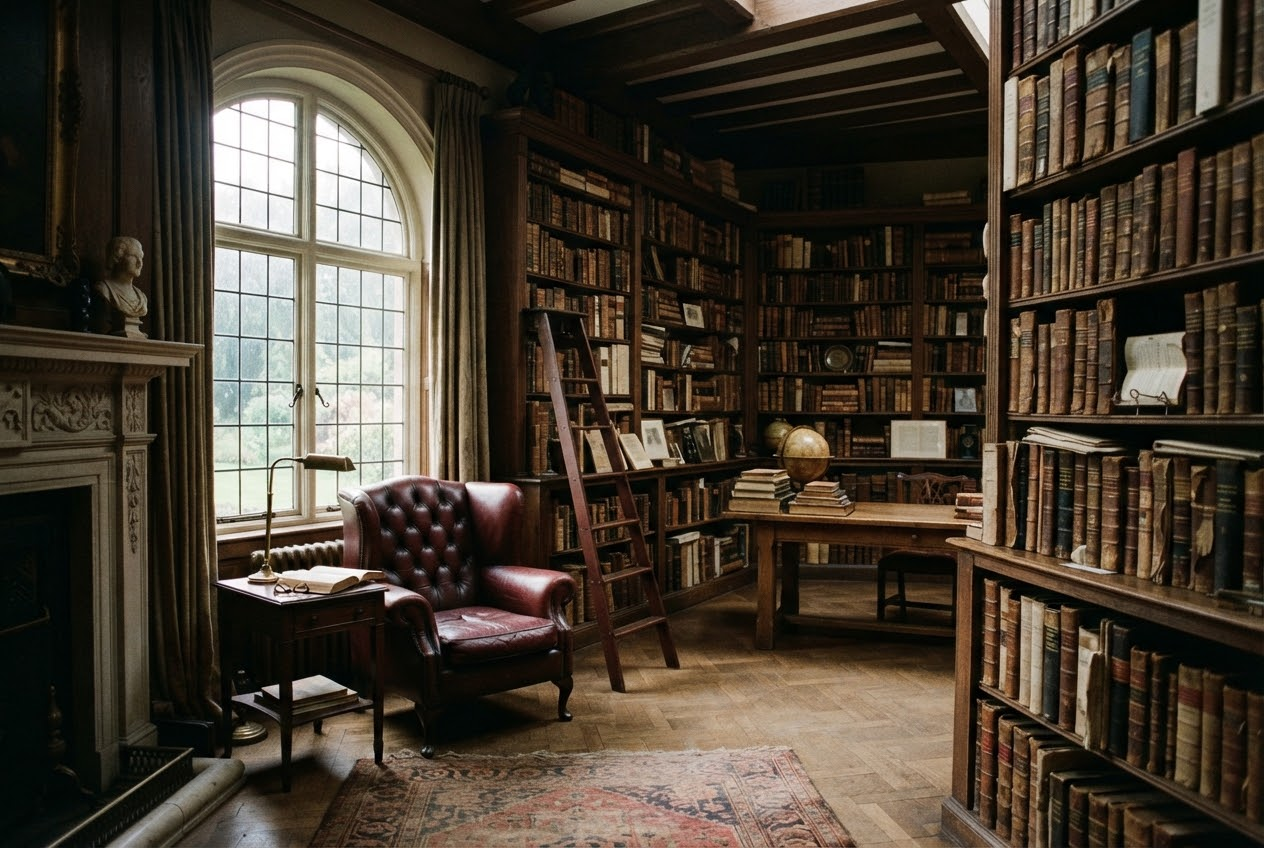 A private library in a European estate, old books and worn leather chairs.
