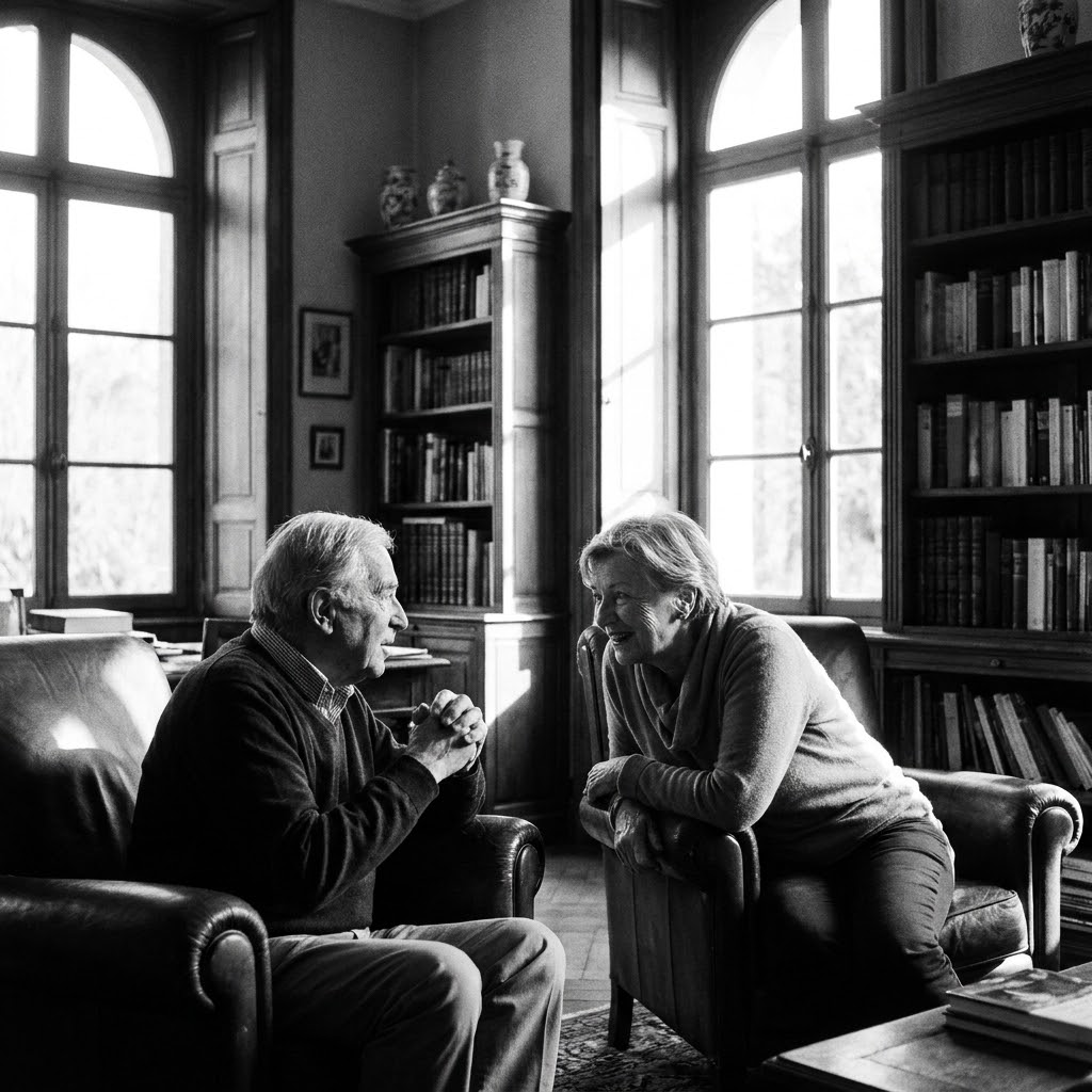 Two people talking in a sunlit European study.