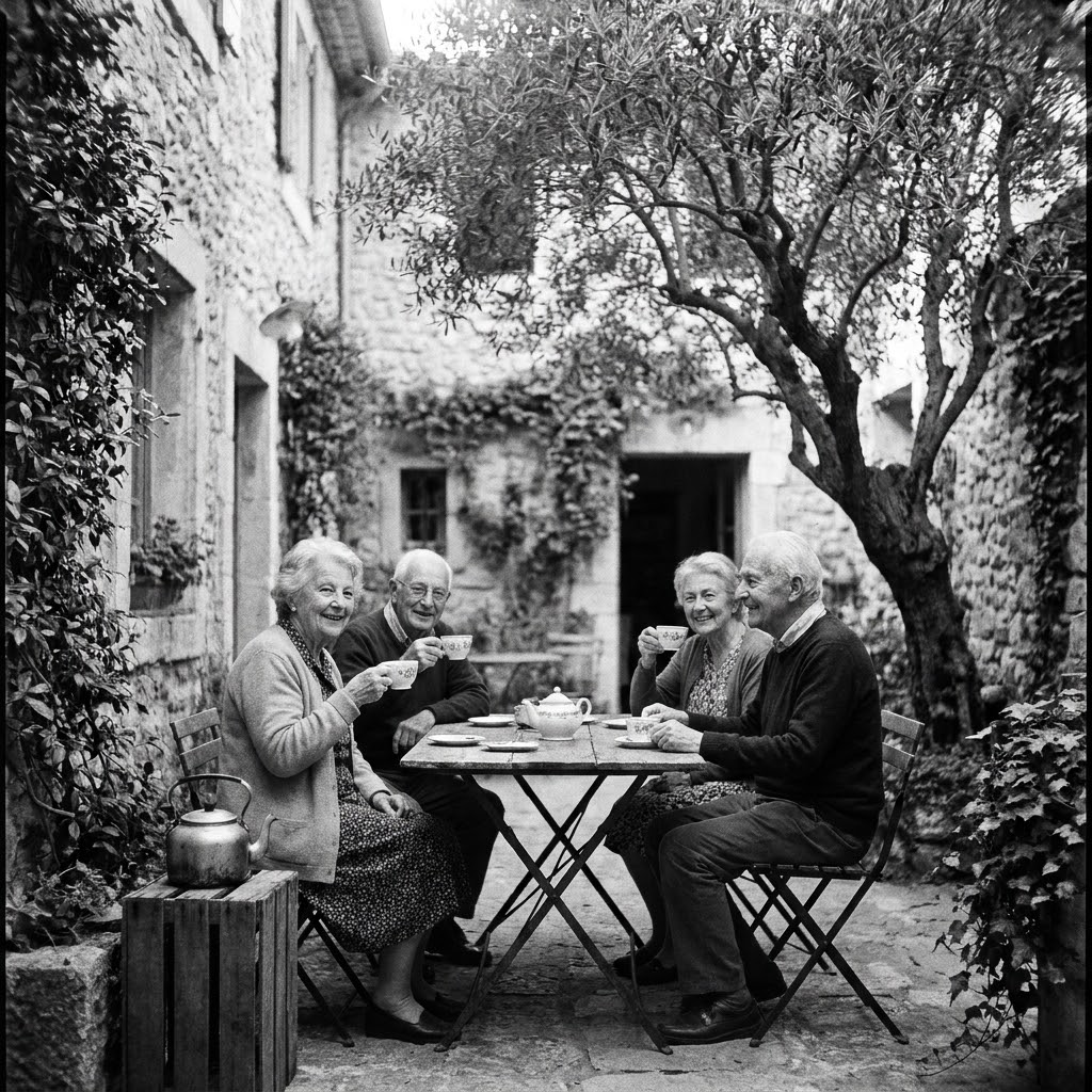 A small tea gathering in a historic European courtyard.