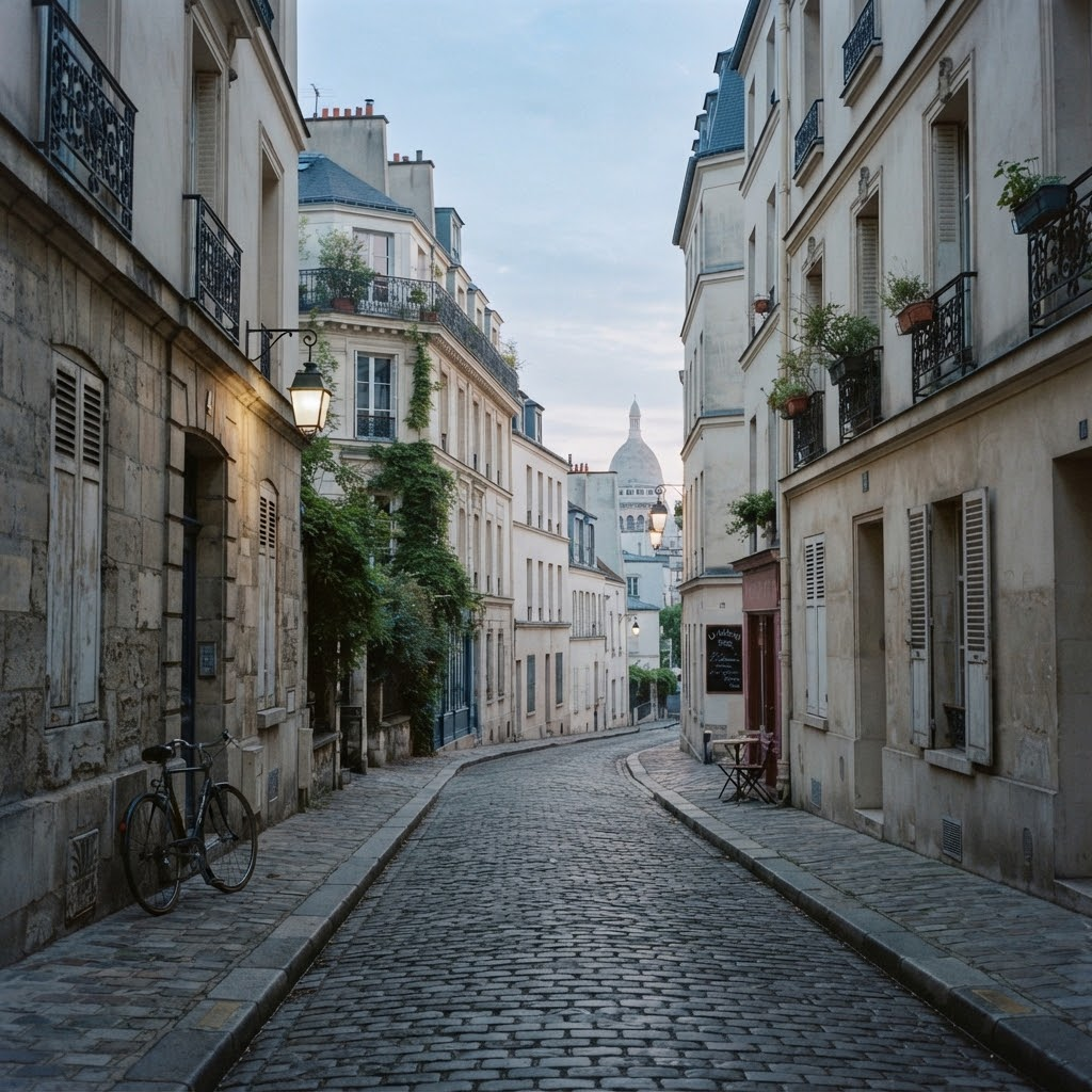 A cobblestone street in Paris at dawn, shutters still closed.