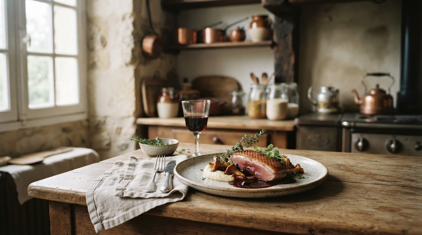 A plated dish on a worn table in a rustic European kitchen.