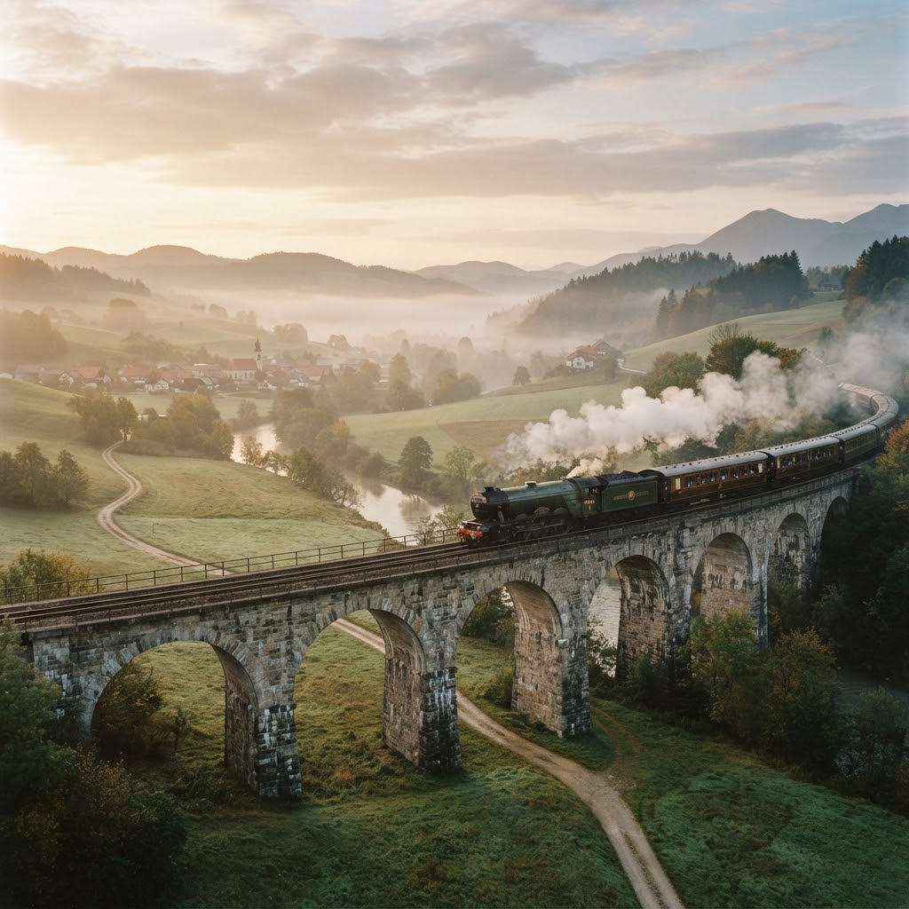 A vintage train crossing European countryside in morning mist.