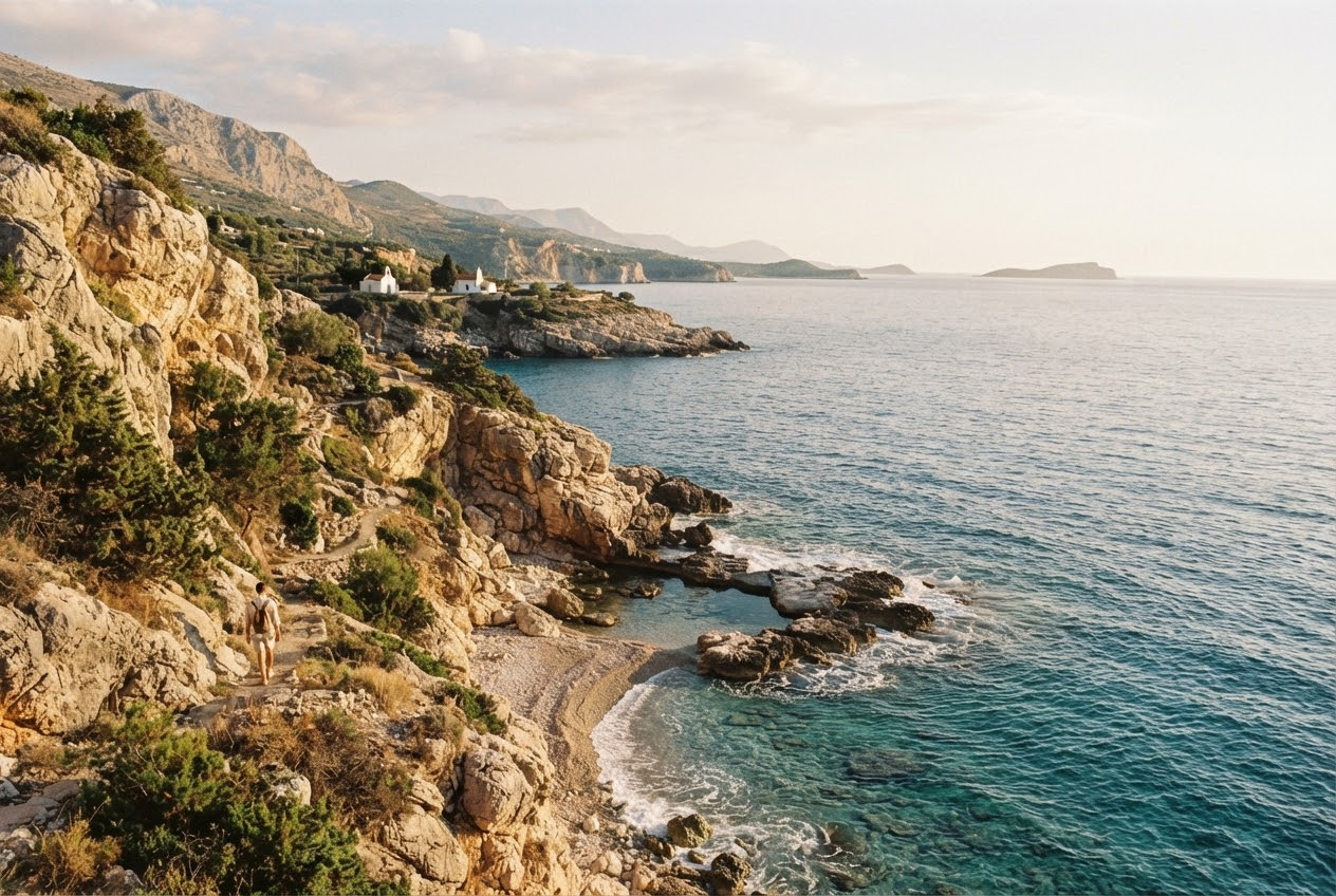 A quiet stretch of southern European coast, rock and clear water.